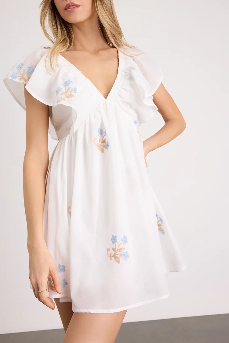 White Floral白色粉藍橘刺繡花朵小傘洋装