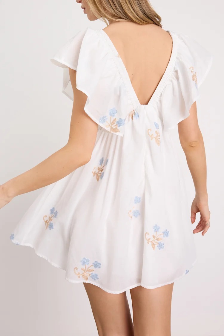 White Floral白色粉藍橘刺繡花朵小傘洋装