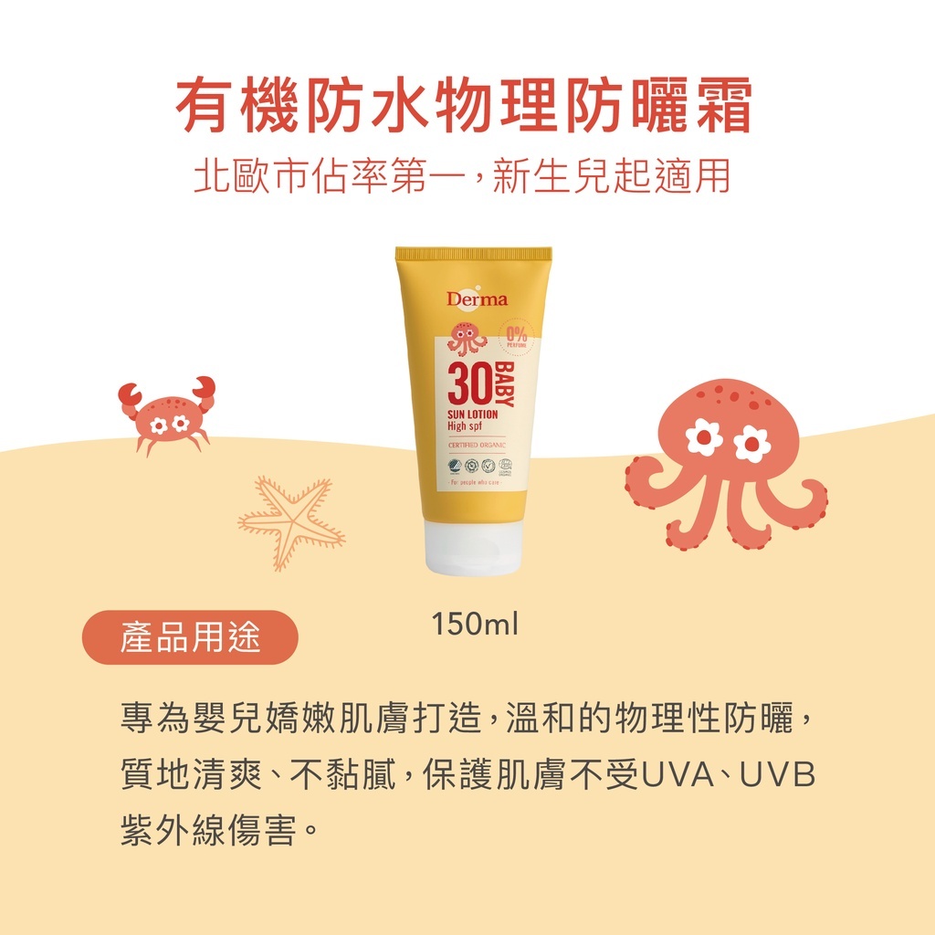 【樂森藥局】 丹麥 Derma 有機防水物理防曬霜150ml、 防曬乳