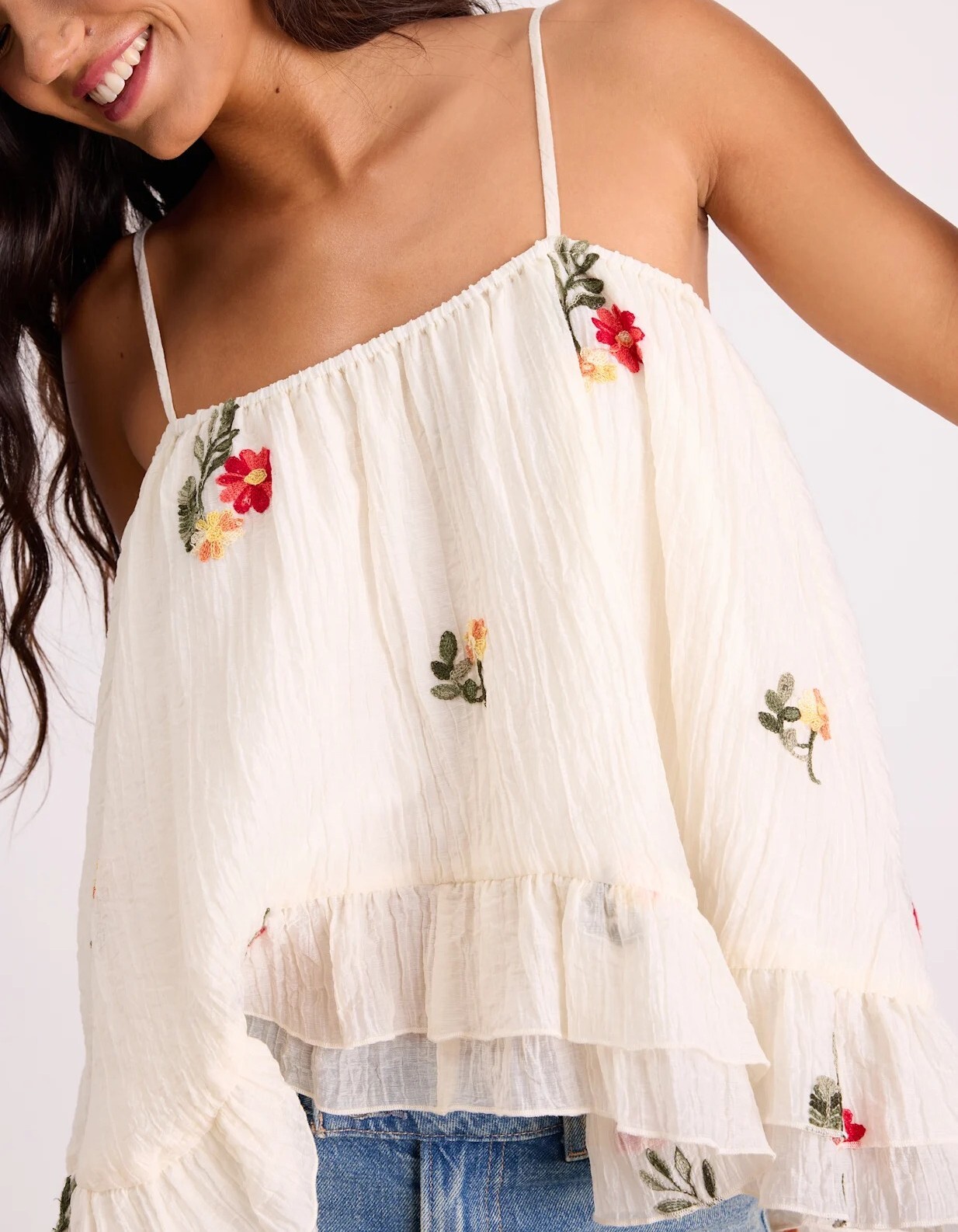 Red Floral奶油白色荷葉刺繡小花上衣