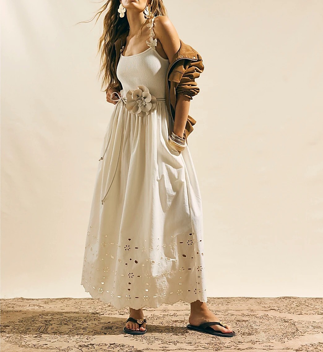 Summer Cream奶油白色手勾刺繡花朵洞眼蕾絲 Maxi Dress