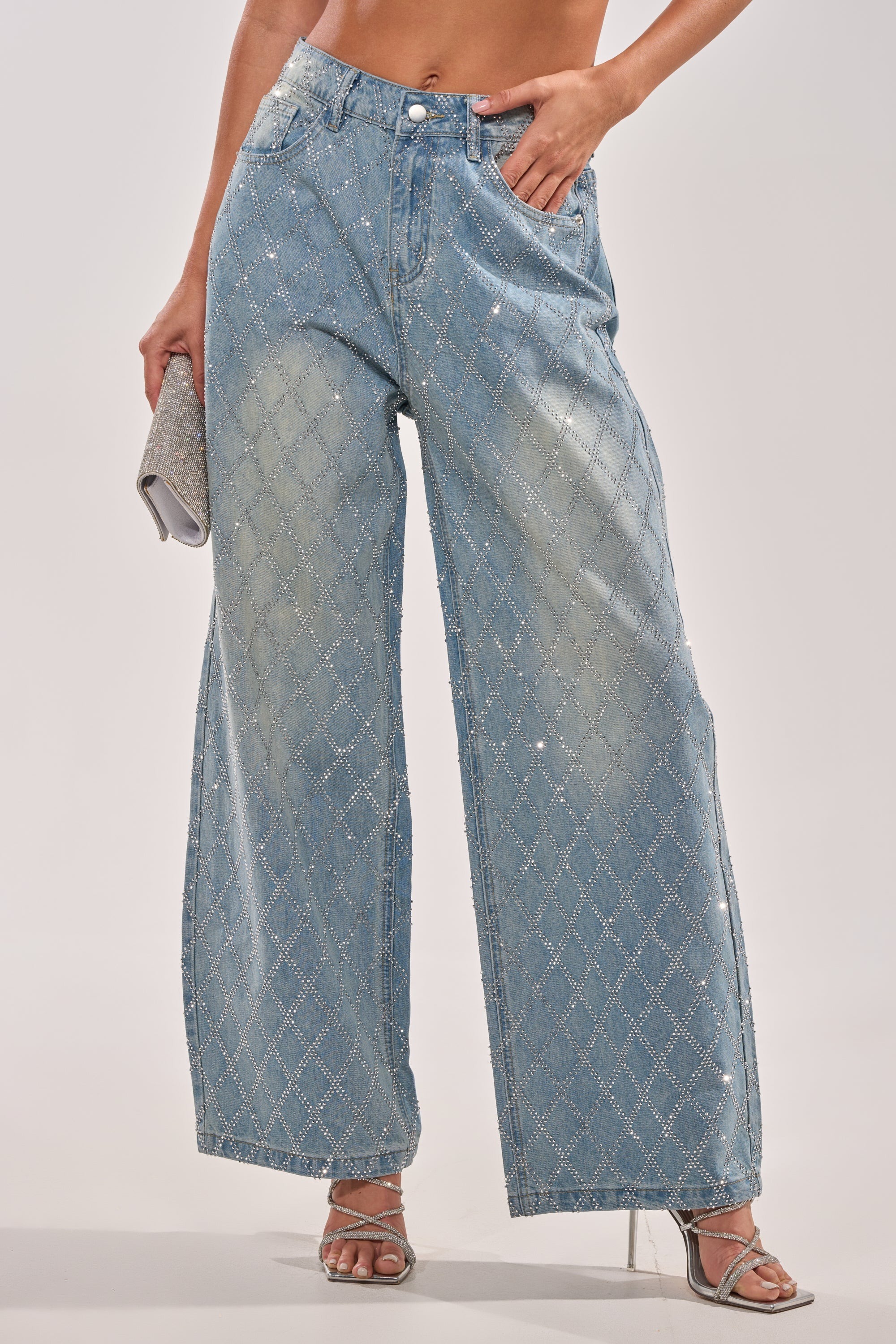 Glam水洗藍色菱紋燙鑽牛仔褲