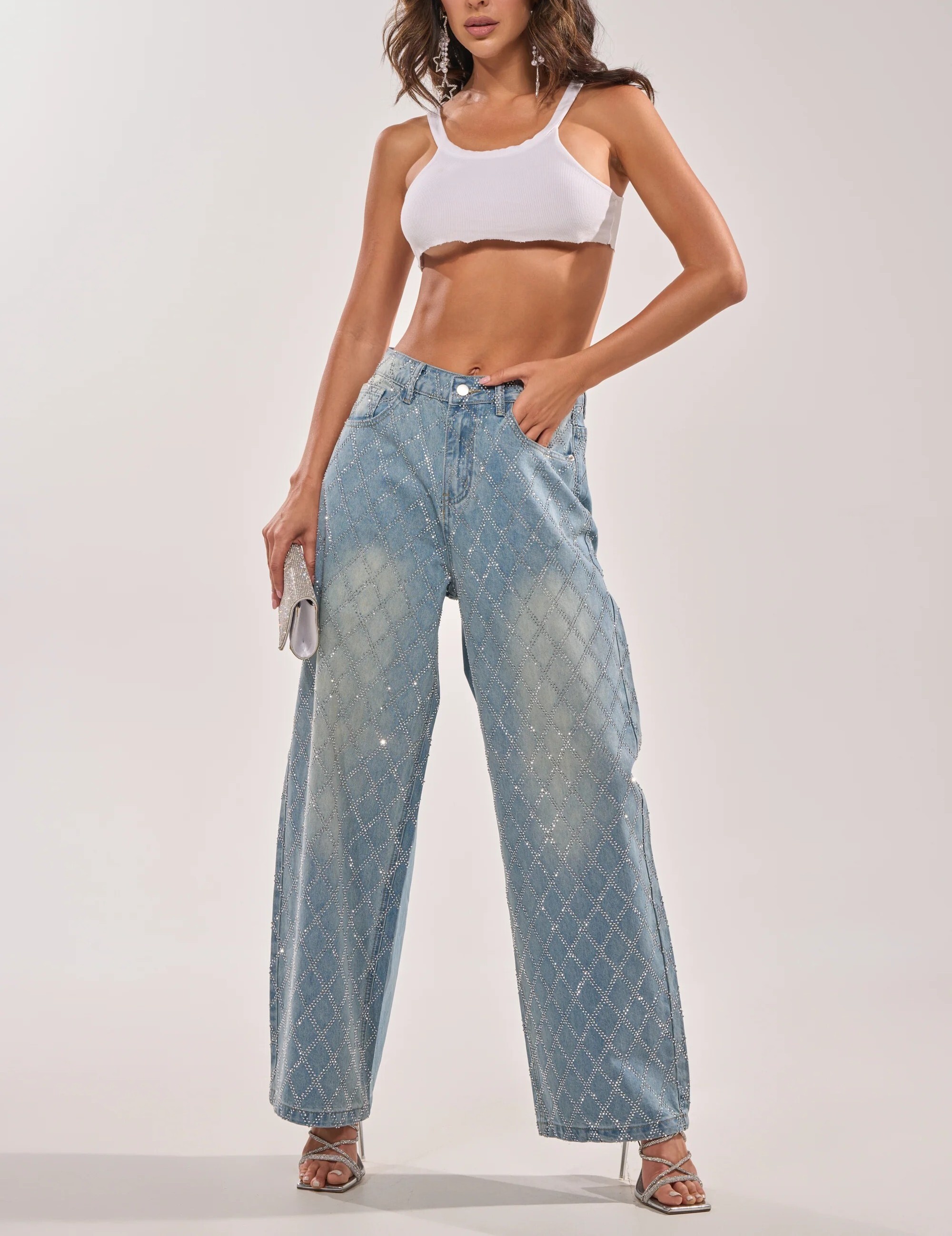 Glam水洗藍色菱紋燙鑽牛仔褲