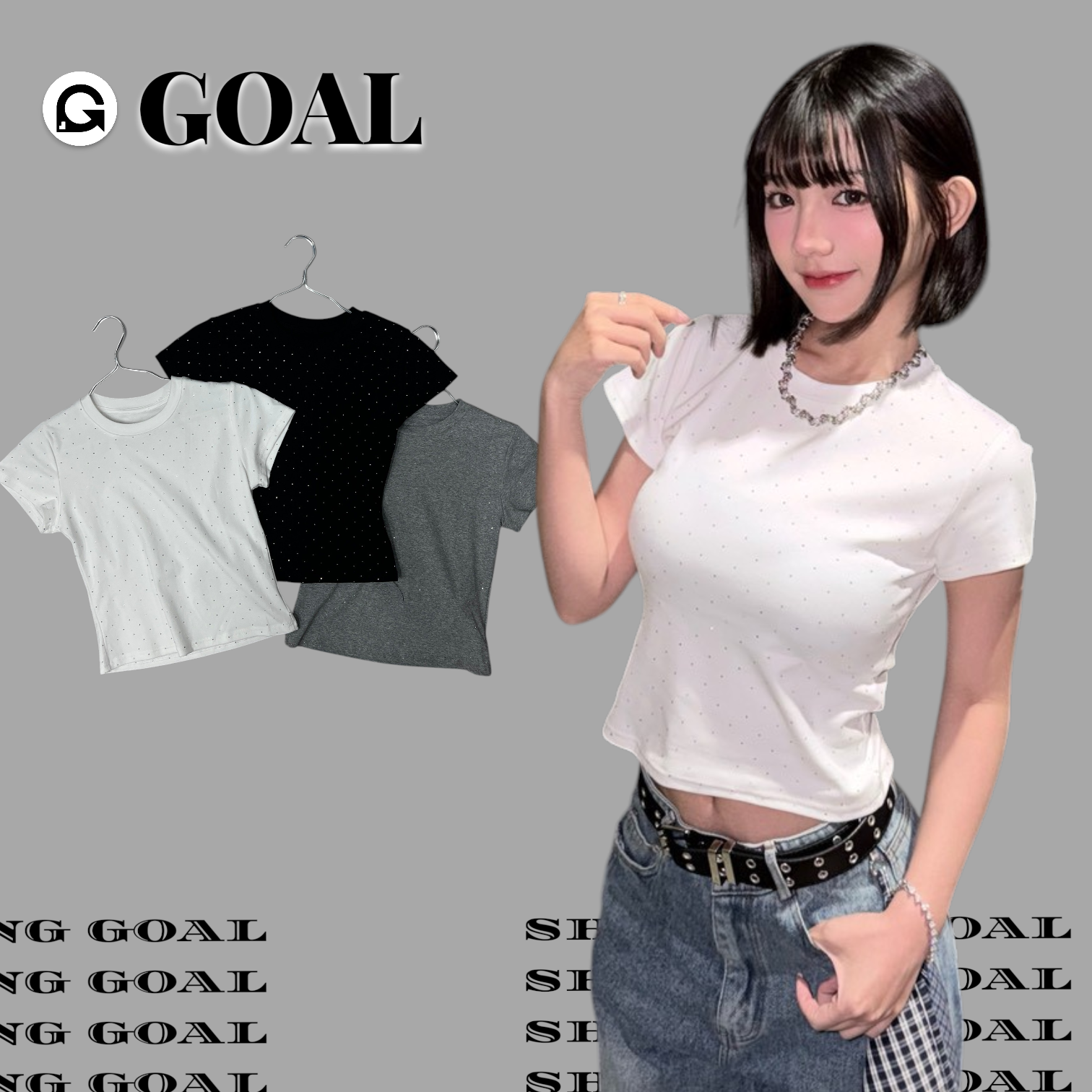 (GOAL) 正肩滿鑽短版上衣  女生上衣 2196