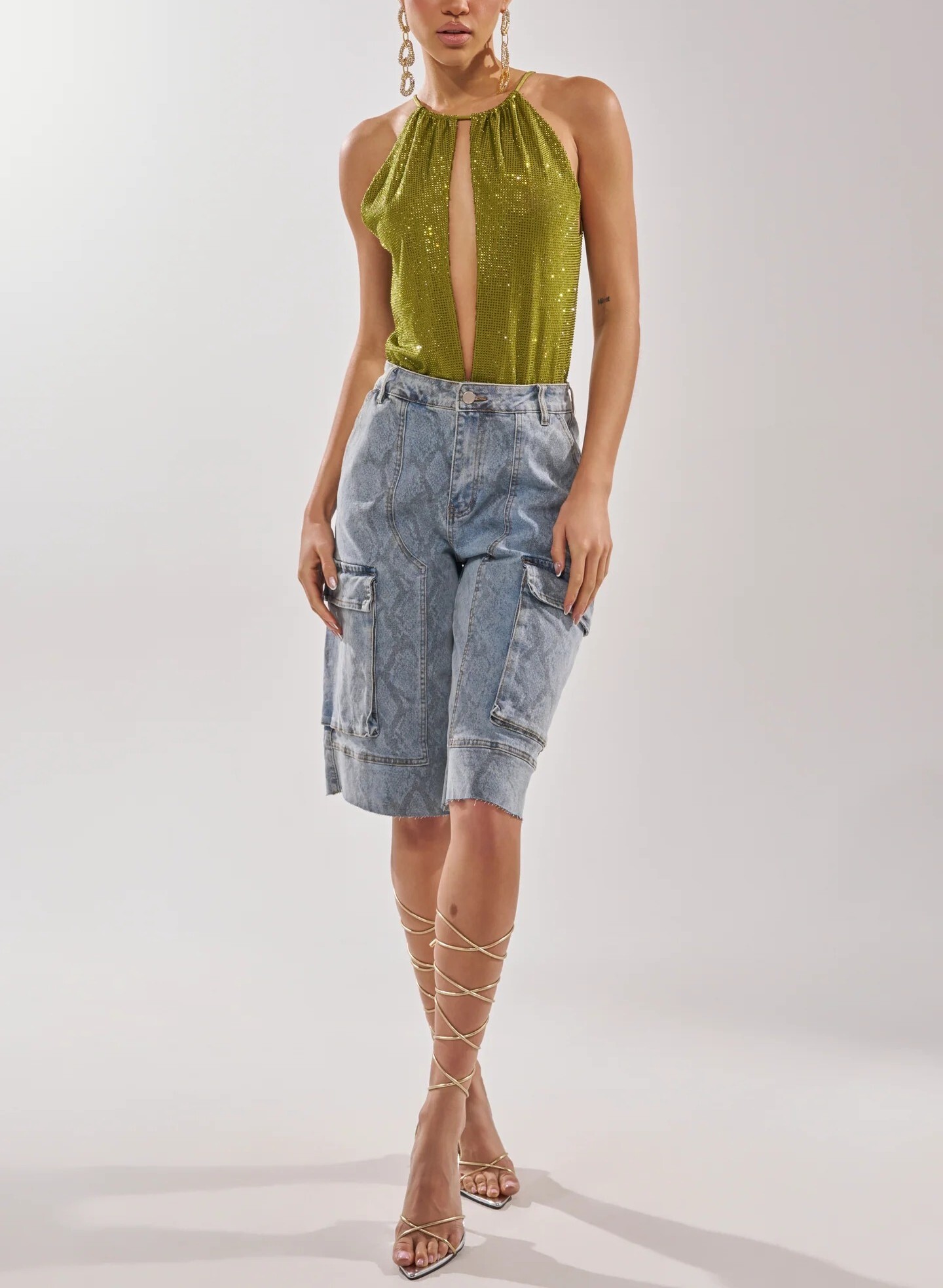 Glam Party綠色燙鑽削肩露背連身衣Bodysuit