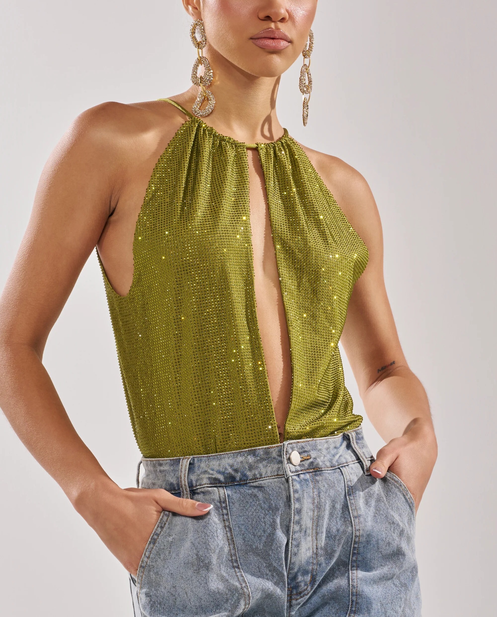 Glam Party綠色燙鑽削肩露背連身衣Bodysuit