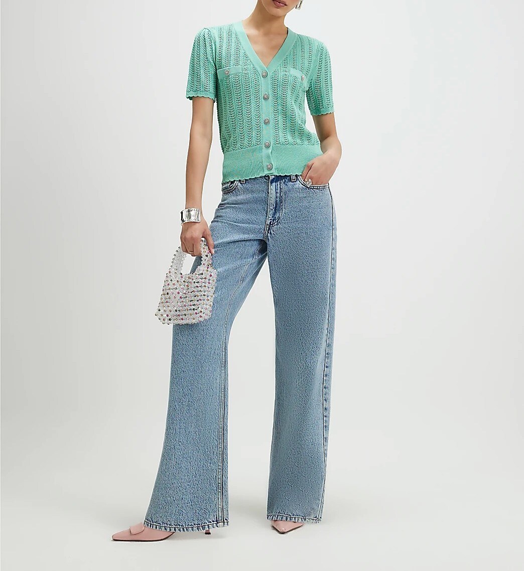 Mint Green薄荷綠色手勾針織鑽花釦短外套上衣