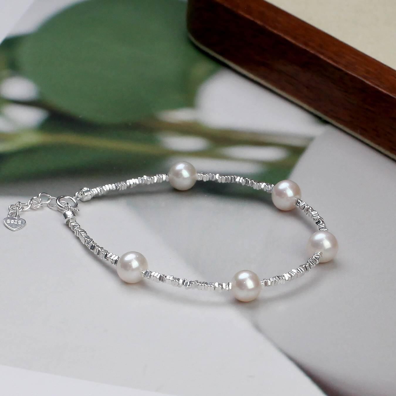 (EC56) 6-7MM碎銀子天然淡水珍珠滿天星手鏈(S925) - #珍珠 #2004PE