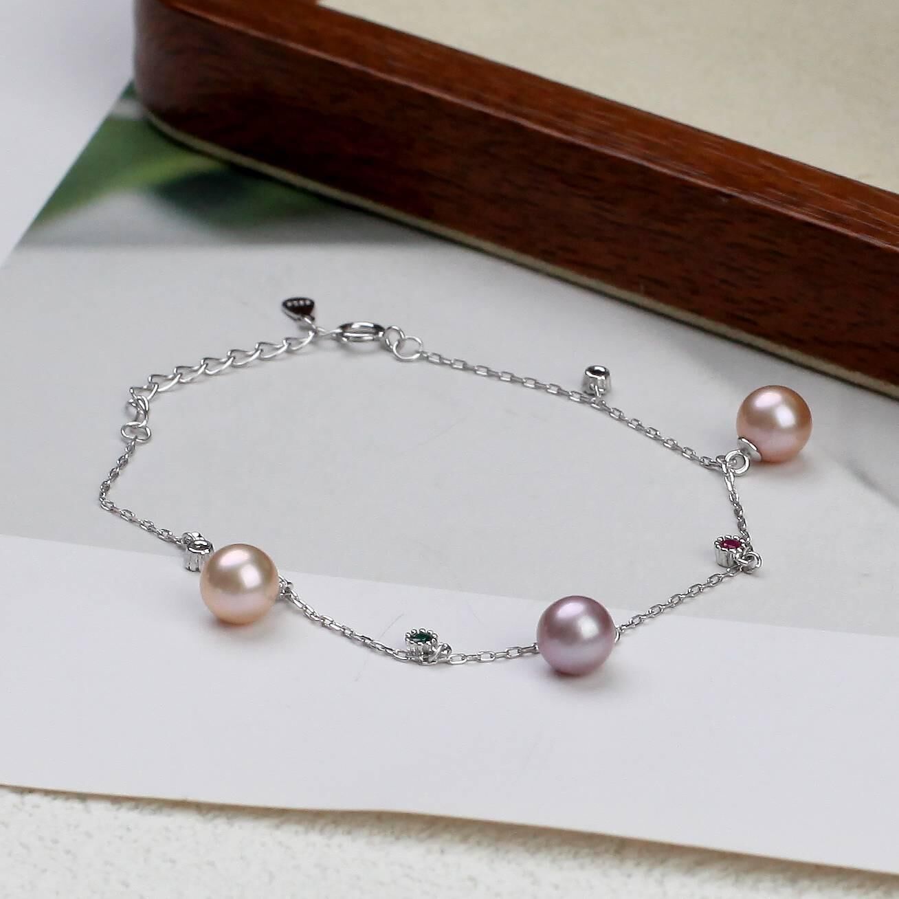 (EC58) 7-8MM天然淡水靈動珍珠七彩手鏈(S925) - #珍珠 #2004PE