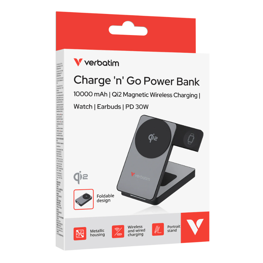 Verbatim 32295 Charge 'n' Go 10000mAh 三合一 Qi2 磁吸無線流動充電池 (3C 認證版)  - Space Grey