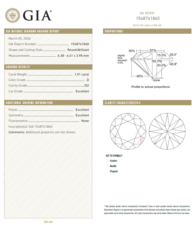 GIA鑽石 1.01 D SI2 3EX NON