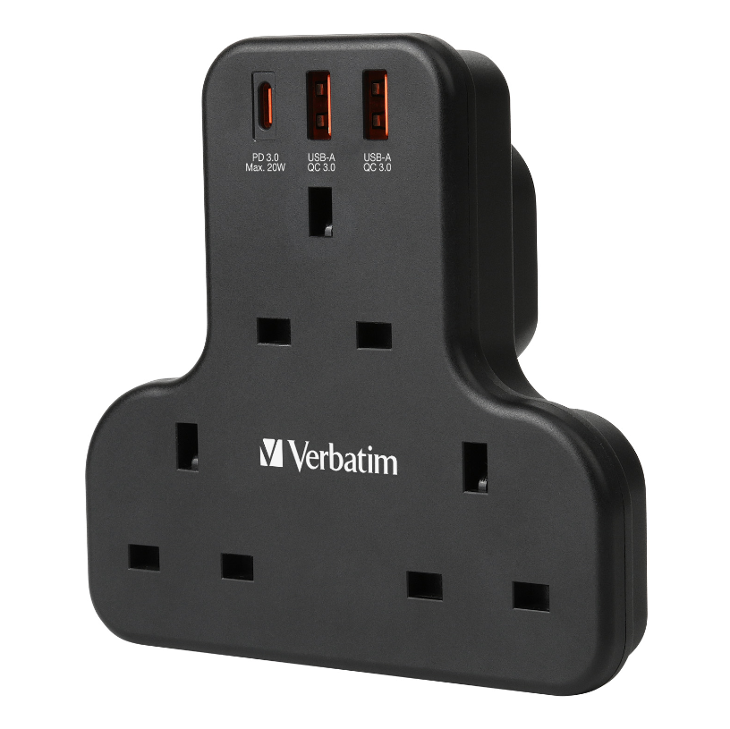 Verbatim 3 Socket PD & QC 3.0 Flat Wall Outlet Extender T型擴充電源插座 66848 - Black