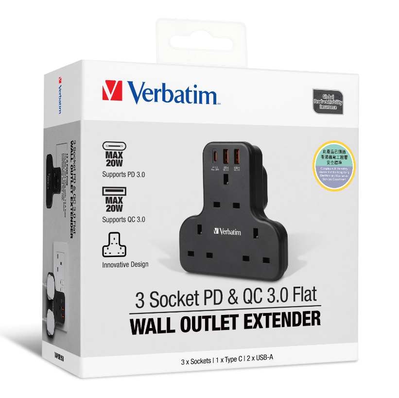 Verbatim 3 Socket PD & QC 3.0 Flat Wall Outlet Extender T型擴充電源插座 66848 - Black