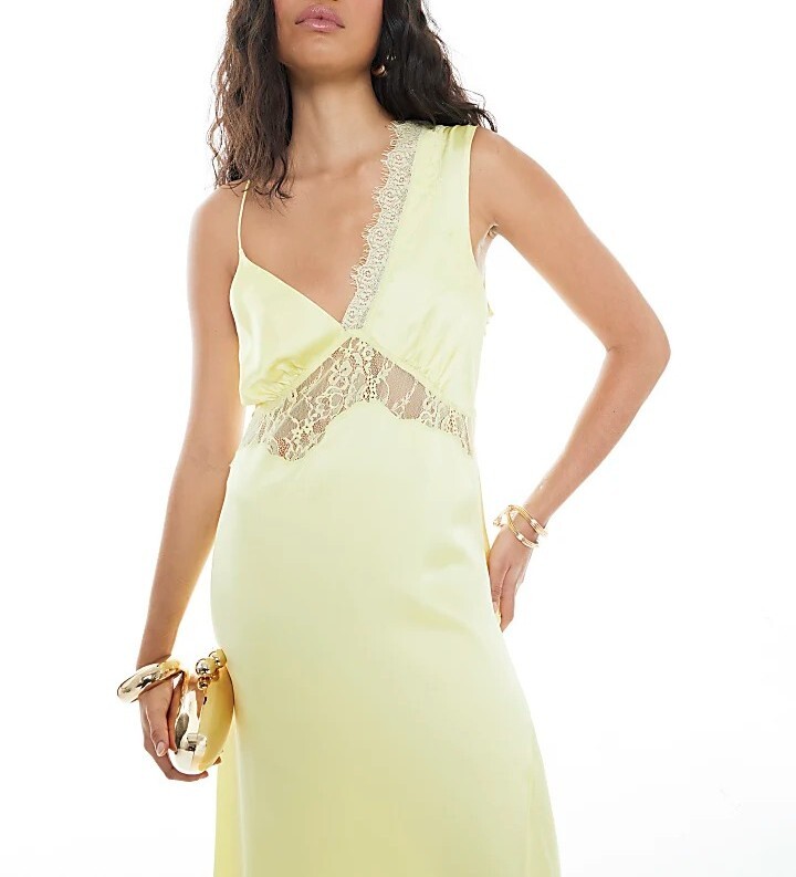 Lemon Satin檸檬黃色緞面蕾絲Maxi Dress