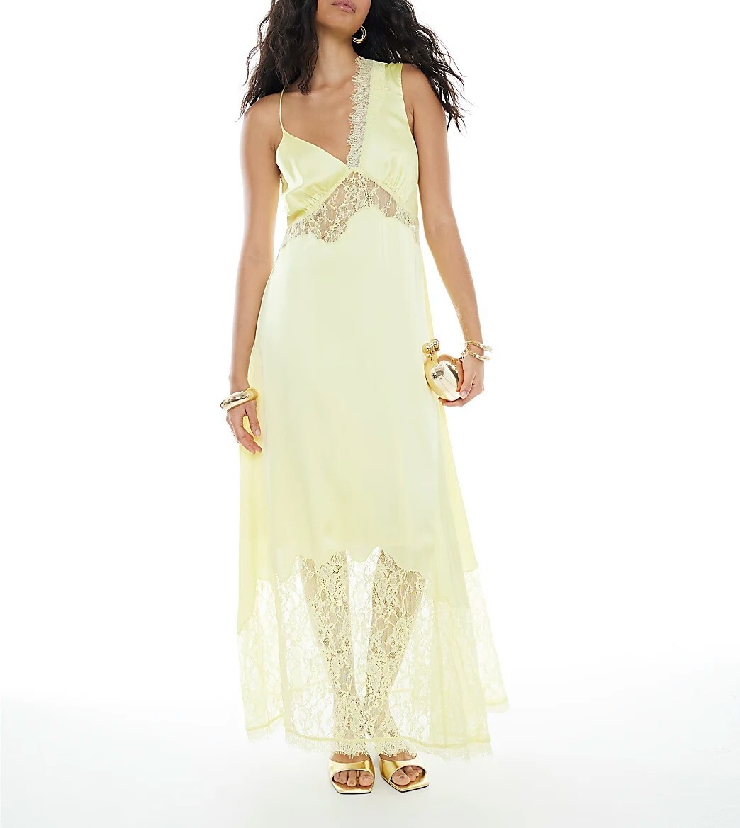 Lemon Satin檸檬黃色緞面蕾絲Maxi Dress