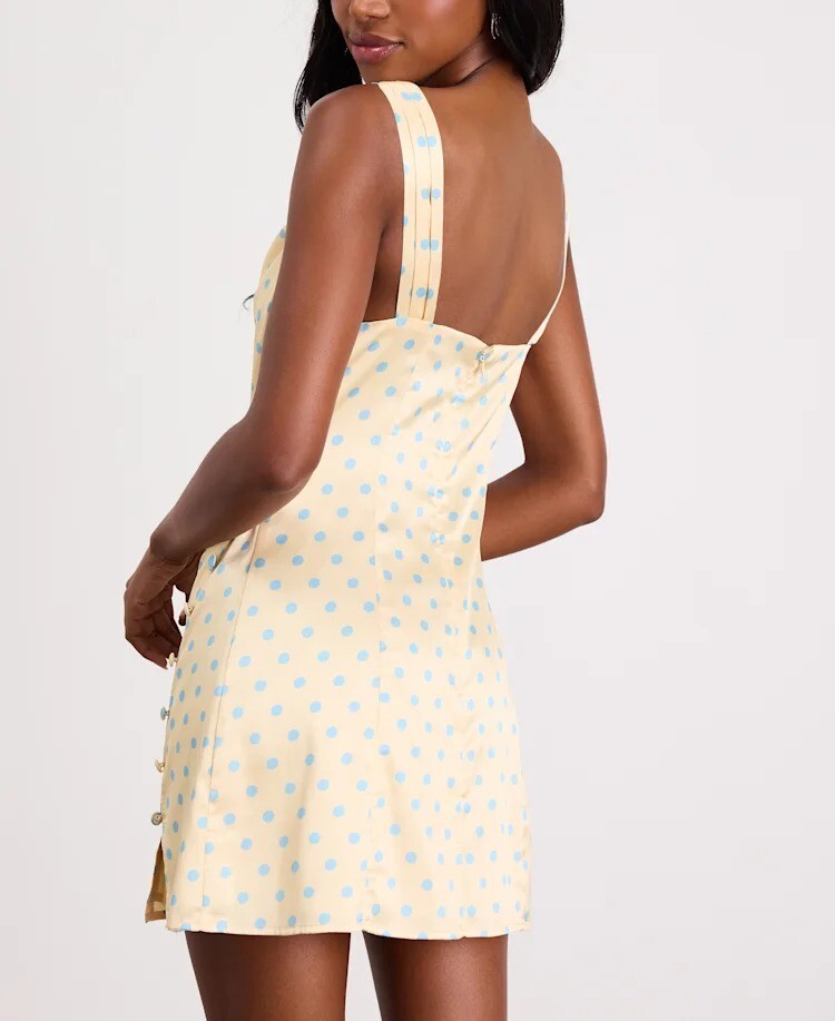 Butter Yellow奶油黃色水藍點點包布釦開叉Mini Dress