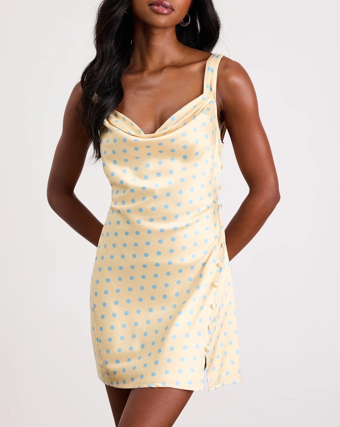 Butter Yellow奶油黃色水藍點點包布釦開叉Mini Dress