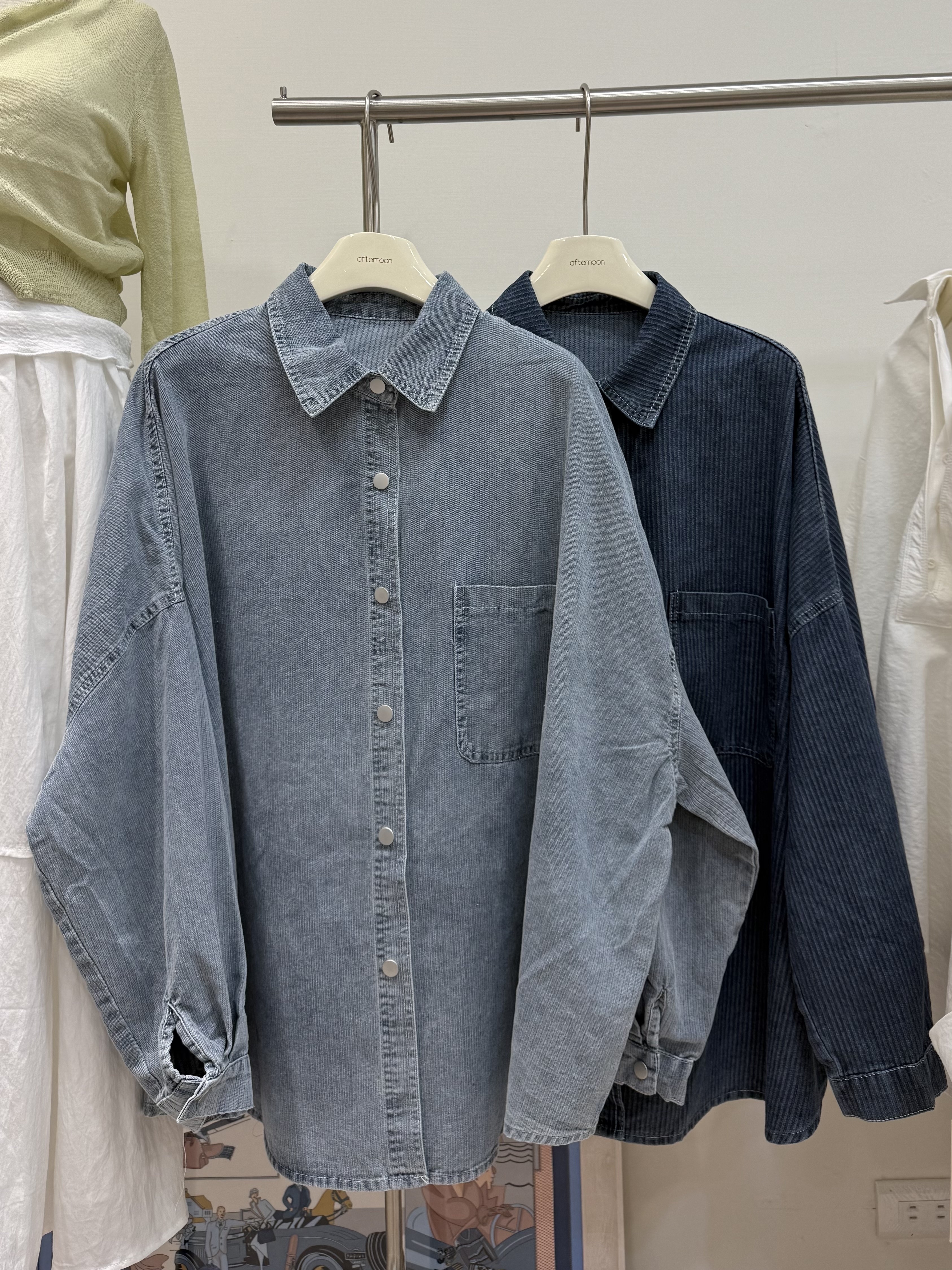 直紋感單口袋oversize牛仔襯衫