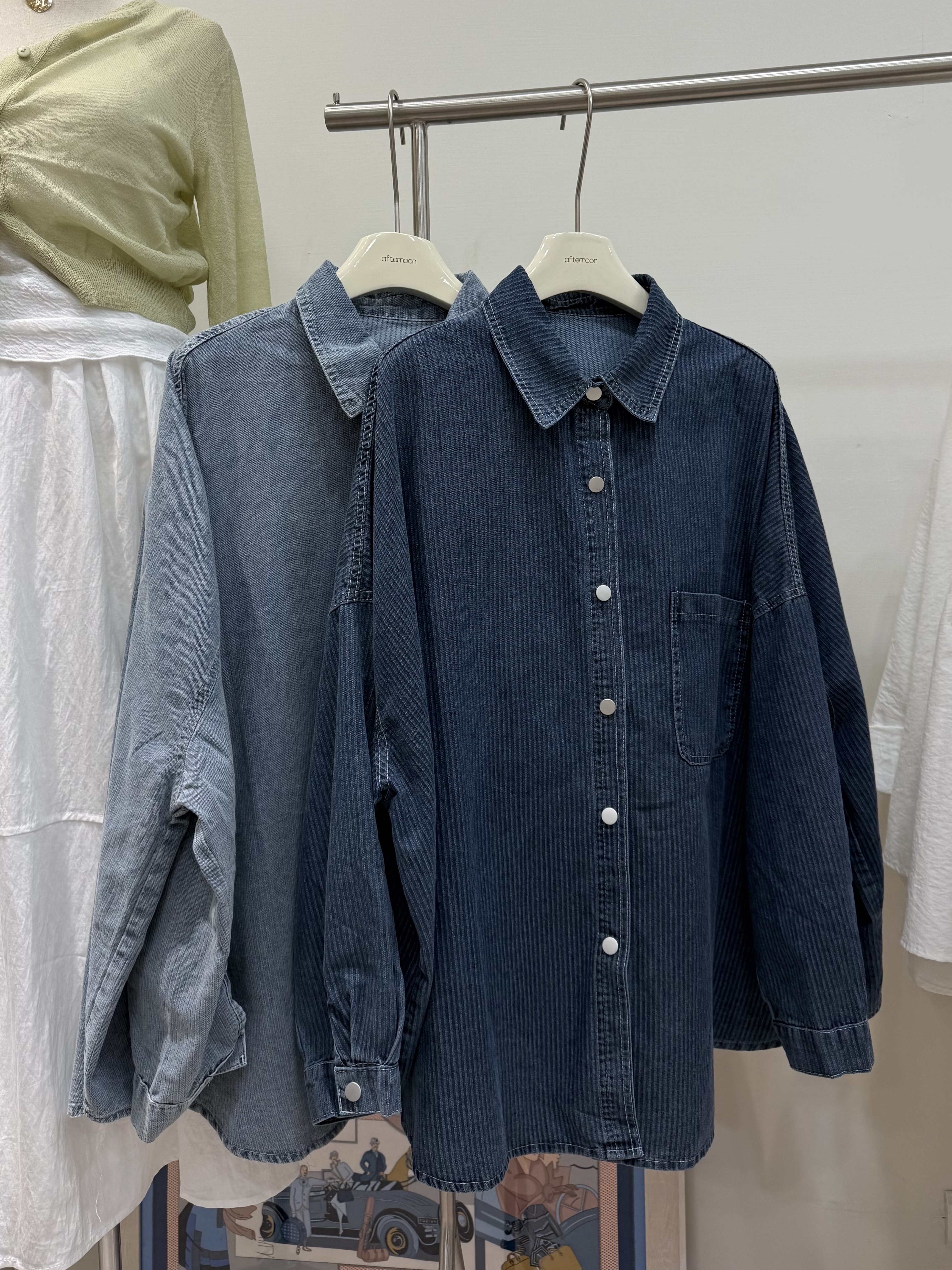 直紋感單口袋oversize牛仔襯衫