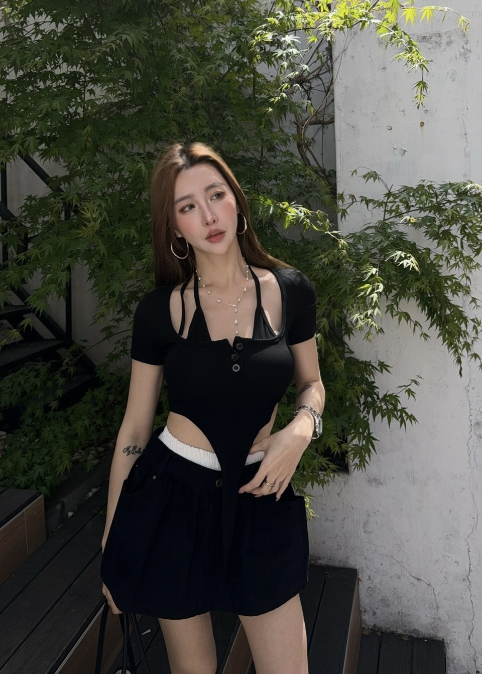 方領三釦棉質連身衣