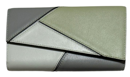 RN260416-K174-PE33A-頭層牛皮-19cm(W)*3.5cm(D)*10cm(H)-綠拼灰色-拼圖銀包(12卡位,1拉鏈格,2大格)