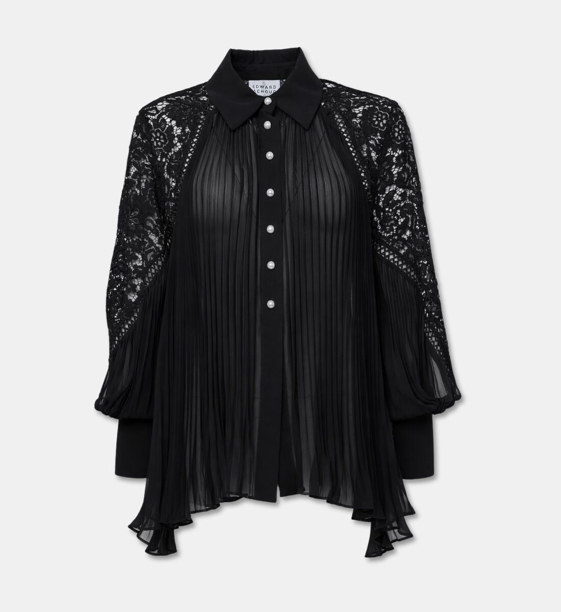 1EA0408-012 [EDWARD ACHOUR] Intricate Lace-Sleeve Pleated Blouse Black #100615/1027 (C-EU-E)