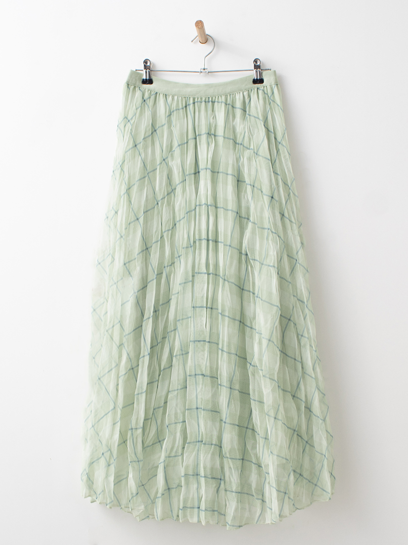 慵懶壓皺格紋雙層網紗長裙