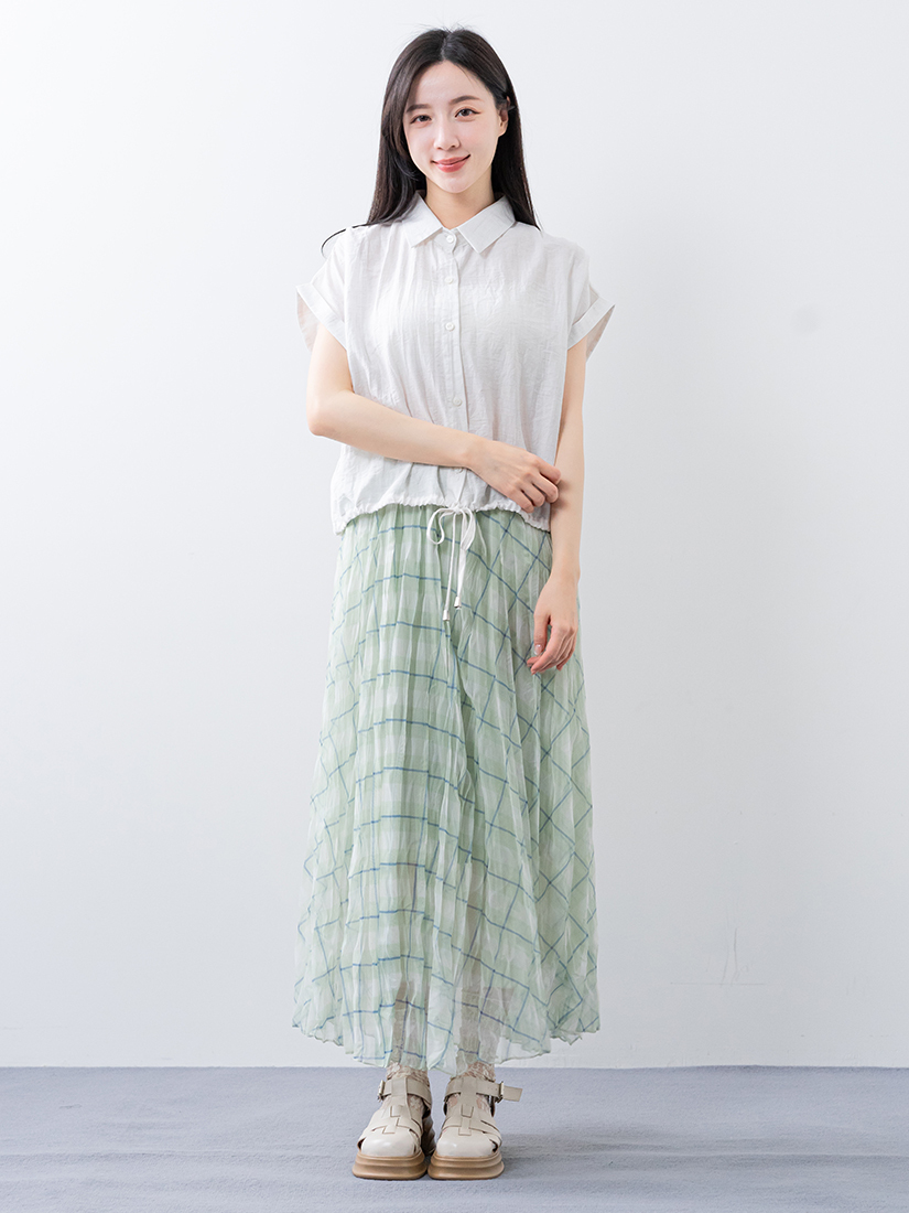 棉麻反褶袖抽繩襯衫壓皺格紋網紗長裙組合