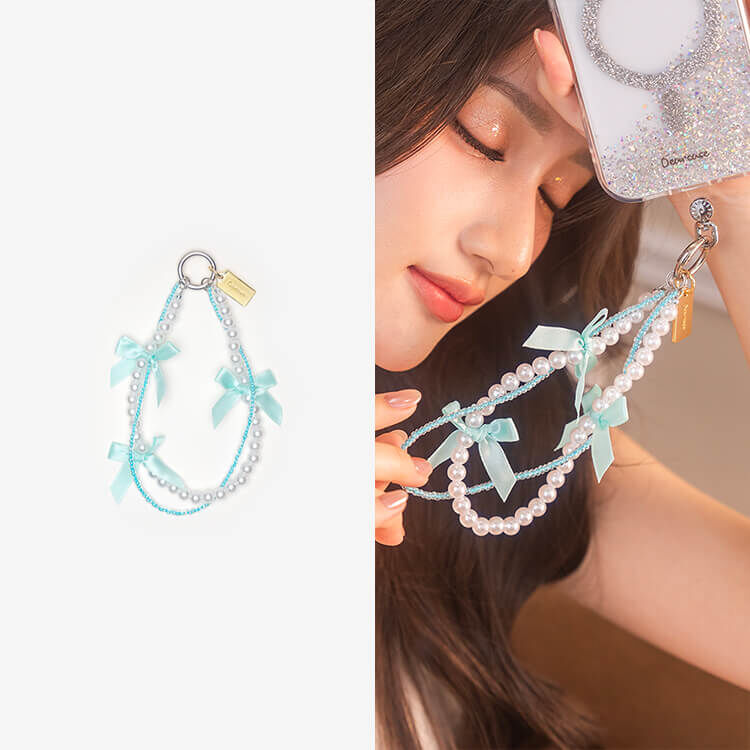 浪漫環繞珍珠蝴蝶結 (芬尼綠) 串珠手腕繩 短掛繩  手機掛繩