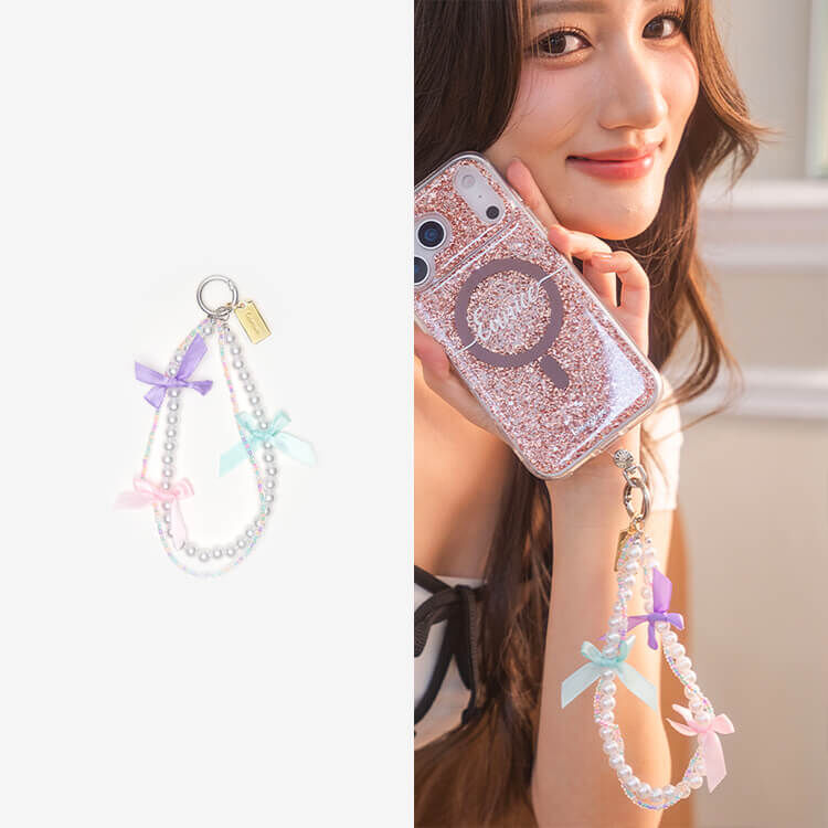 浪漫環繞珍珠蝴蝶結 (彩拼色) 串珠手腕繩 短掛繩 手機掛繩