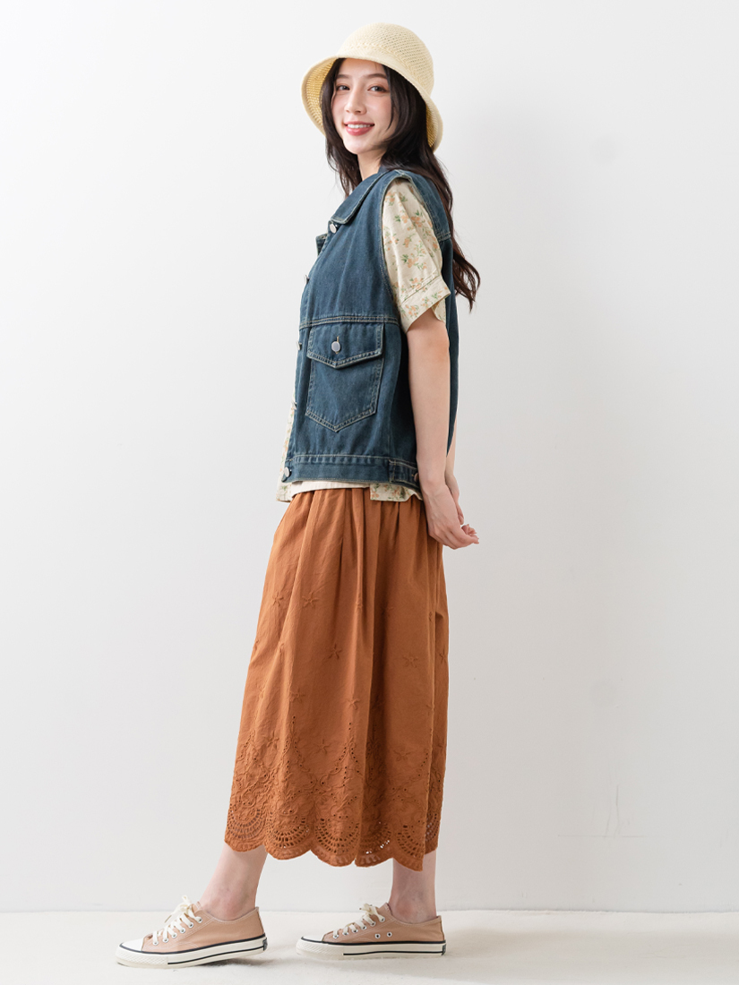 牛仔背心拼接短袖上衣繡花純棉寬褲組合