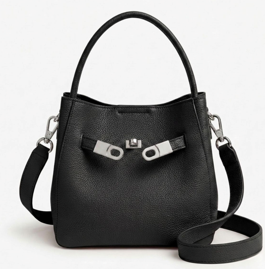 RN260416-K47-PJ3A-頭層TC牛皮-20cm(W)*14cm(D)*19cm(H)-黑色銀扣-水桶包(手挽/腋下/側揹) 送 絲巾*1條(款式隨機)