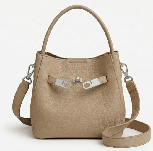 RN260416-K48-PJ3B-頭層TC牛皮-20cm(W)*14cm(D)*19cm(H)-淺灰色銀扣-水桶包(手挽/腋下/側揹) 送 絲巾*1條(款式隨機)