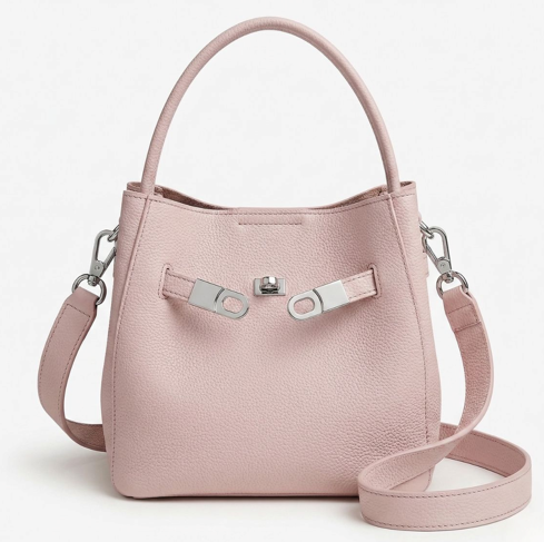 RN260416-K49-PJ3C-頭層TC牛皮-20cm(W)*14cm(D)*19cm(H)-粉色銀扣-水桶包(手挽/腋下/側揹) 送 絲巾*1條(款式隨機)