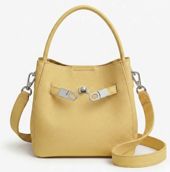 RN260416-K50-PJ3D-頭層TC牛皮-20cm(W)*14cm(D)*19cm(H)-小雞黃色銀扣-水桶包(手挽/腋下/側揹) 送 絲巾*1條(款式隨機)