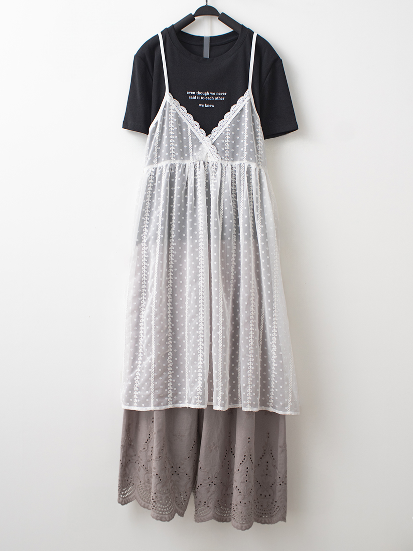 緹花蕾絲背心涼感棉短袖上衣繡花純棉寬褲組合