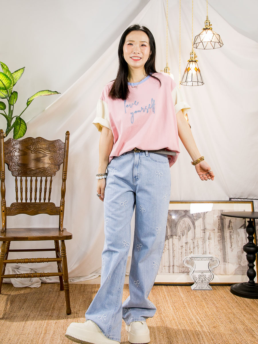 LOVE '英文字刺繡．手袖拼色 COTTON料TOP