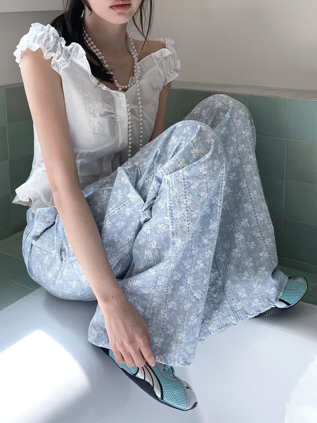 蕾絲印花休閒工作褲
