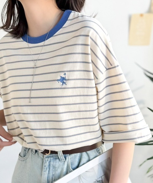 日本🇯🇵連線 JAVA 胸前刺繡雙條紋T恤 寬鬆 刺繡 條紋 落肩 短袖 T恤 3色(任買兩件711免運)/預購