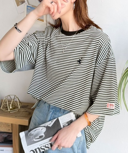 日本🇯🇵連線 JAVA 胸前刺繡雙條紋T恤 寬鬆 刺繡 條紋 落肩 短袖 T恤 3色(任買兩件711免運)/預購