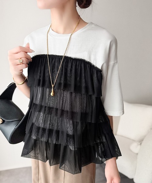 日本🇯🇵連線 Classical Elf 疊穿假兩件設計!薄紗荷葉邊拼接短袖T恤 薄紗 荷葉邊 拼接 短袖 T恤 3色(任買兩件711免運)/預購