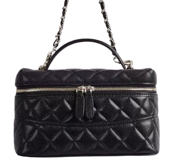 RN260416-K19-PR30C-荔枝紋牛皮-19cm(W)*5cm(D)*12cm(H)-黑色金扣-魚子醬盒子包(可拆卸鏈條帶-手挽/側揹/斜揹) 送 絲巾*1條(款式隨機)