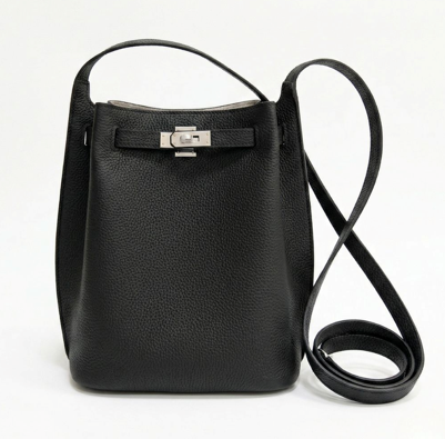 RN260416-K55-PJ5A-頭層TOGO牛皮-20cm(W)*11cm(D)*24cm(H)-黑色銀扣-水桶包(手挽/腋下/側揹/斜揹) 送 絲巾*1條(款式隨機)