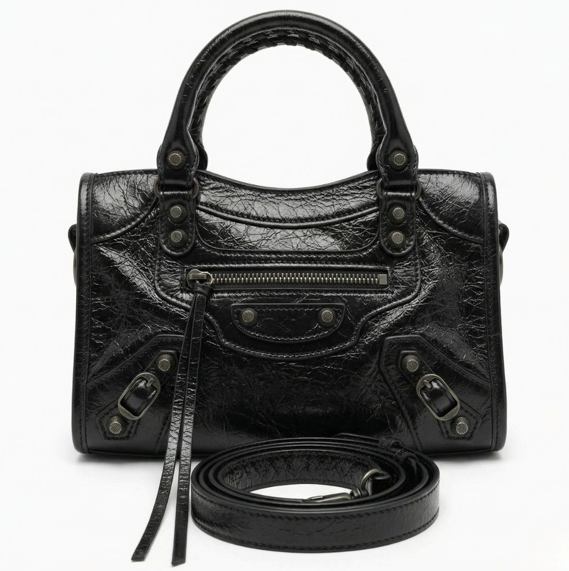 RN260416-K62-PJ7C-油蠟牛皮-24cm(W)*6.5cm(D)*16cm(H)-黑槍扣色-爆裂紋機車包(手挽/腋下/側揹/斜揹) 送 絲巾*1條(款式隨機)