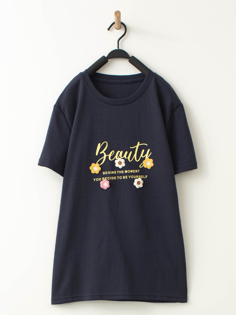 立體刺繡小花膠印字母短袖上衣