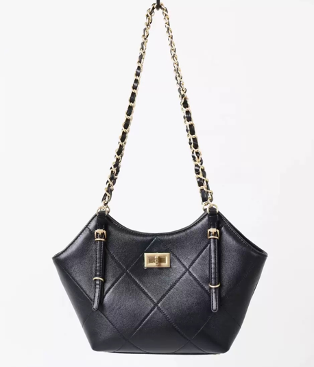 RN260416-K33-PR37A-羊皮-30cm(W)*7cm(D)*18cm(H)-黑色金扣-菱格鏈條TOTE BAG(手挽/腋下) 送 絲巾*1條(款式隨機)