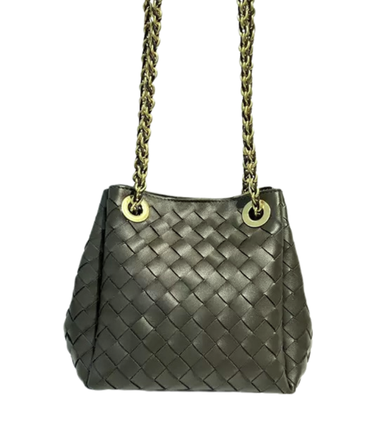 RN260416-K109-PJ60B-牛皮-20cm(W)*16.5cm(D)*17cm(H)-深綠色-編織水桶包鏈條肩帶(單肩／斜揹) 送 絲巾*1條(款式隨機)