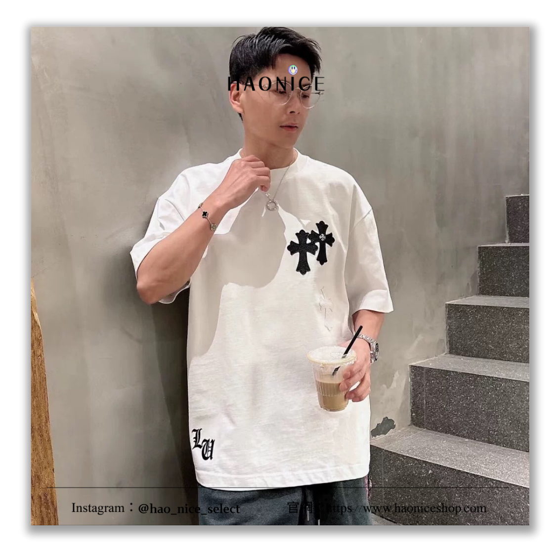 【HAO NICE】訂製款⚡️Chrome Hearts克羅心 銀飾十字架 刺繡 黑白貼皮 皮革 美式做舊 短袖 短T