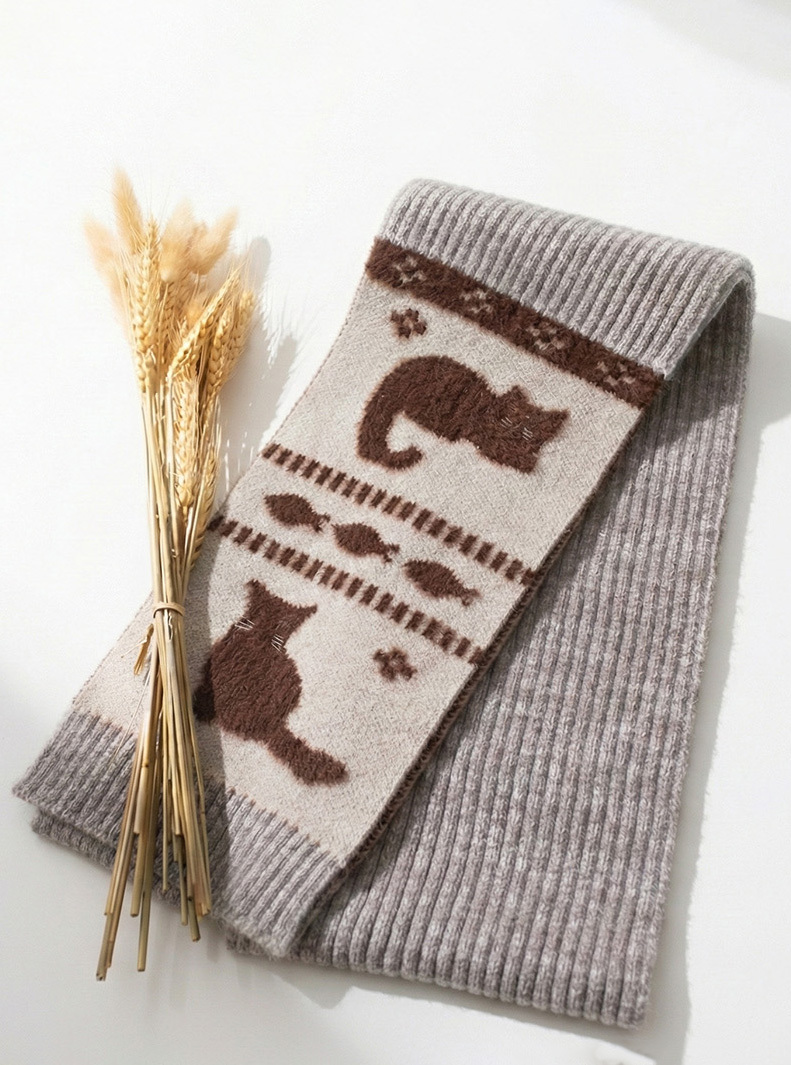 日系童趣貓咪緹花親膚針織圍巾