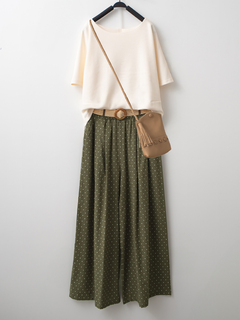 側邊抓褶連袖空氣棉上衣棉麻感點點九分寬褲組合